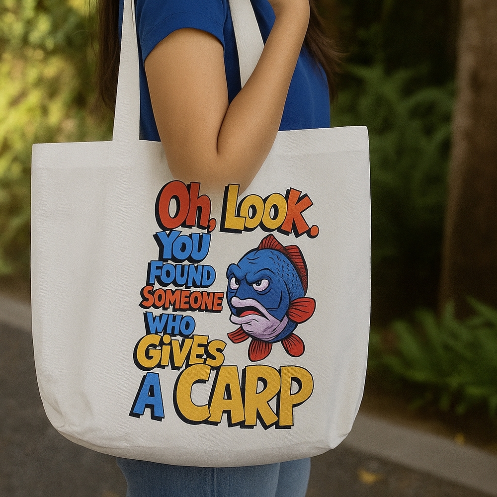 😂 Funny Tote Bag – “Gives a Carp” Pun | Sarcastic Gift Reusable Canvas Bag